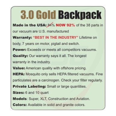 Mosquito Super HEPA 3.0 Gold Backpack Vacuum Info Sheet
